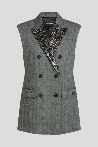 Vesta Karl Lagerfeld Embellished Lapel Tweed Gilet Grey/Black