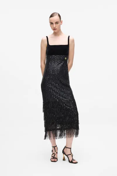 Šaty Karl Lagerfeld Sequins Fringe Dress Black