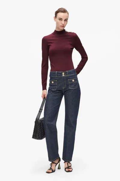 Sveter Karl Lagerfeld Button Detail Mock Neck Windsor Burgundy