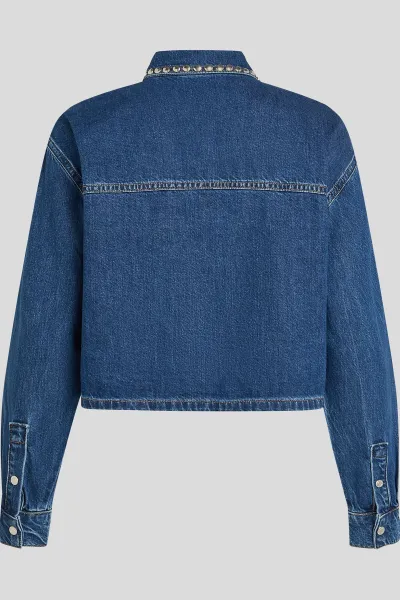 Rifľová košeľa Karl Lagerfeld Jeans tmavomodrá farba, voľný strih, s klasickým golierom, A4W11002