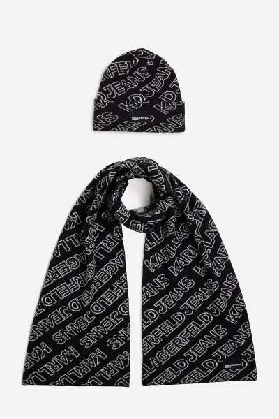 Set Čapica A Šál Karl Lagerfeld Jeans Klj Monogram Scarf Beanie Gp Black