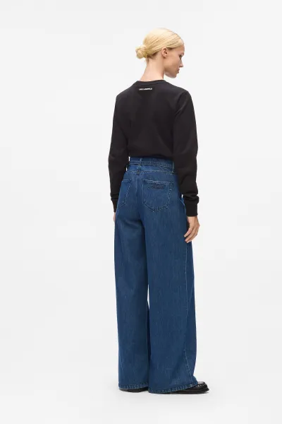 Džínsy Karl Lagerfeld Belted Wide Leg Denim Pants Dark Blue Denim