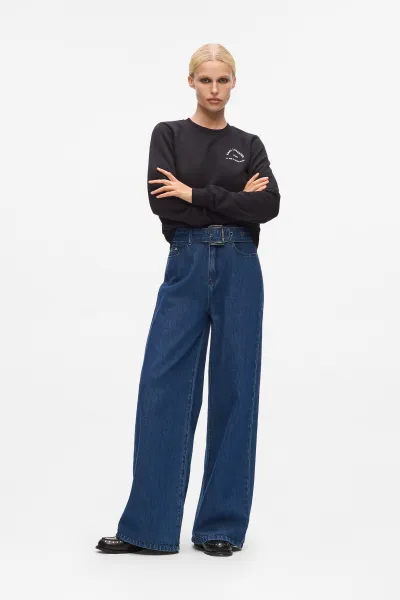 Džínsy Karl Lagerfeld Belted Wide Leg Denim Pants Dark Blue Denim