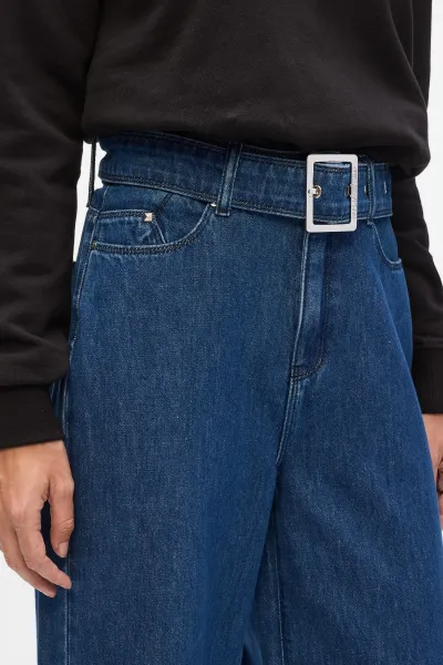 Džínsy Karl Lagerfeld Belted Wide Leg Denim Pants Dark Blue Denim