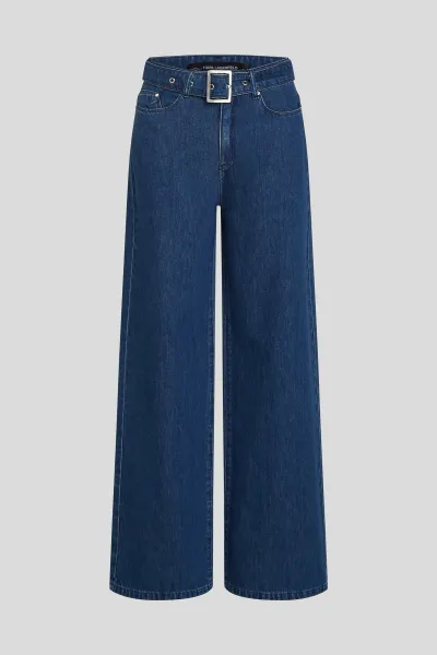Džínsy Karl Lagerfeld Belted Wide Leg Denim Pants Dark Blue Denim