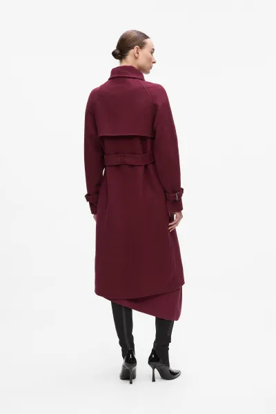 Kabát Karl Lagerfeld Belted Long Soft Wool Coat Windsor Burgundy