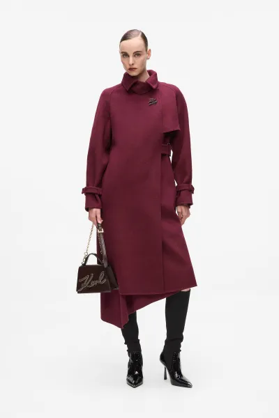 Kabát Karl Lagerfeld Belted Long Soft Wool Coat Windsor Burgundy