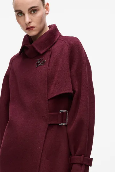 Kabát Karl Lagerfeld Belted Long Soft Wool Coat Windsor Burgundy
