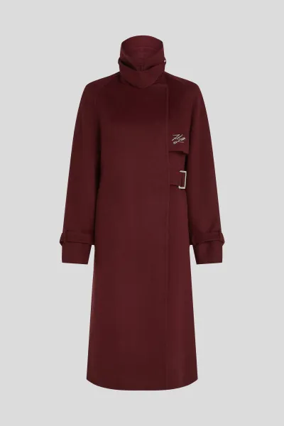 Kabát Karl Lagerfeld Belted Long Soft Wool Coat Windsor Burgundy