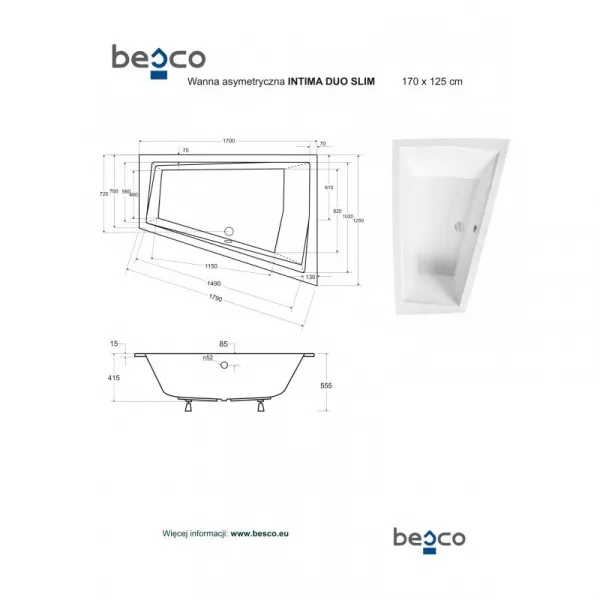 BESCO - Asymetrická vaňa INTIMA DUO SLIM - Nožičky k vani - S nožičkami, Rozmer vane - 170 × 125 cm, Spôsob prevedenia - Pravé VANINTID17SLIMP + OLVPINOZSTELID