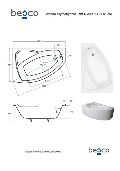 BESCO - Asymetrická vaňa RIMA - Nožičky k vani - S nožičkami, Rozmer vane - 130 × 85 cm, Spôsob prevedenia - Ľavé VANRIM130L+OLVPINOZ