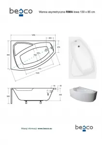 BESCO - Asymetrická vaňa RIMA - Nožičky k vani - S nožičkami, Rozmer vane - 130 × 85 cm, Spôsob prevedenia - Ľavé VANRIM130L+OLVPINOZ