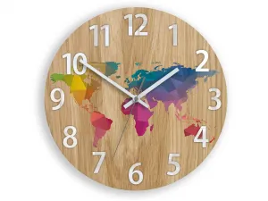 ModernClock Drevené nástenné hodiny Mapa Drevo 33 cm hnedé/farebné