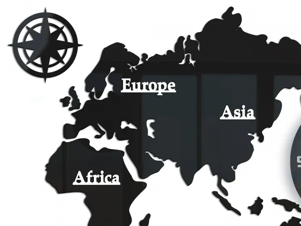 ModernClock Nástenné samolepiace hodiny Mapa sveta 110x55 cm čierne