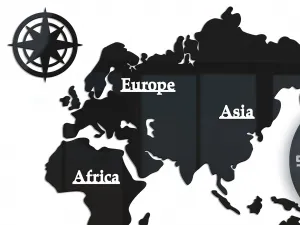 ModernClock Nástenné samolepiace hodiny Mapa sveta 110x55 cm čierne