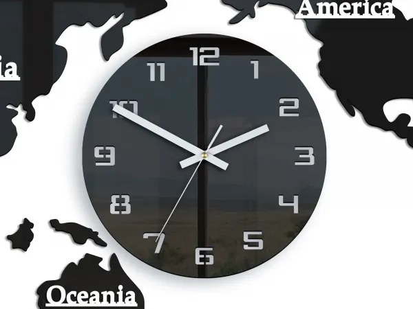 ModernClock Nástenné samolepiace hodiny Mapa sveta 110x55 cm čierne