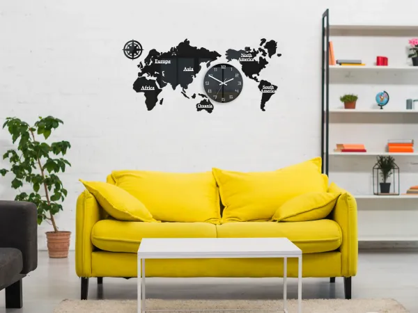 ModernClock Nástenné samolepiace hodiny Mapa sveta 110x55 cm čierne