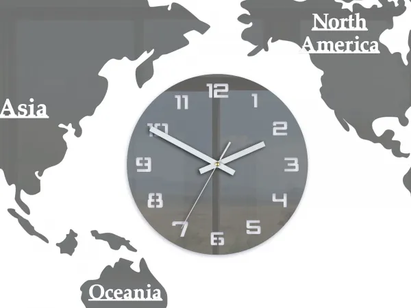 ModernClock Nástenné samolepiace hodiny Mapa sveta 110x55 cm sivé