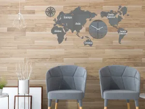 ModernClock Nástenné samolepiace hodiny Mapa sveta 110x55 cm sivé