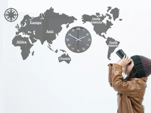 ModernClock Nástenné samolepiace hodiny Mapa sveta 110x55 cm sivé