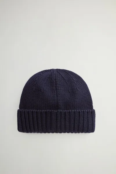 Čapica Woolrich Merino Wool Logo Beanie Melton Blue