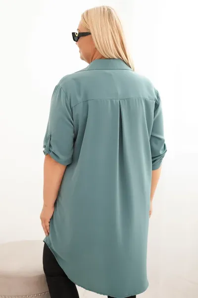 Legínovo Dámske košeľové šaty Plus Size s dlhším zadným dielom a vyhrnutým rukávom hnedé Farba: Tmavá mätová, Veľkosť: UNI