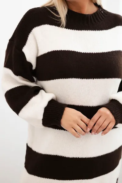Legínovo Dámske pletené šaty Plus Size s pruhmi béžové Farba: Hnedá, Veľkosť: UNI