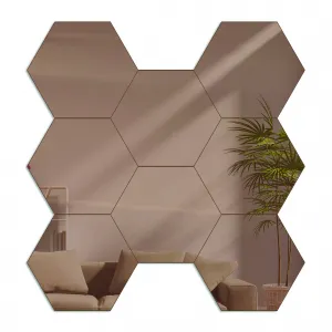 ModernClock Nástenné samolepiace zrkadlo Hexagón hnedé