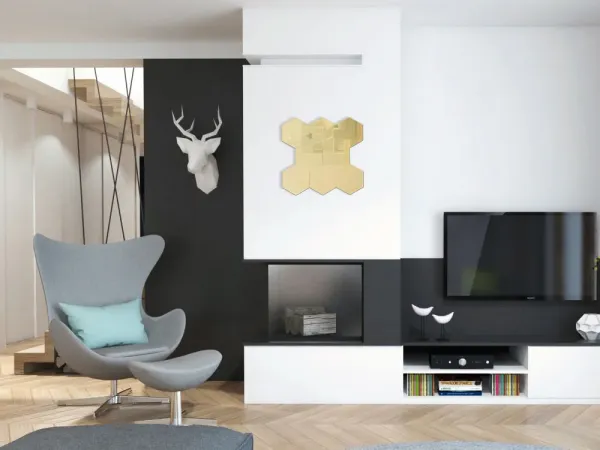 ModernClock Nástenné samolepiace zrkadlo Hexagon zlaté