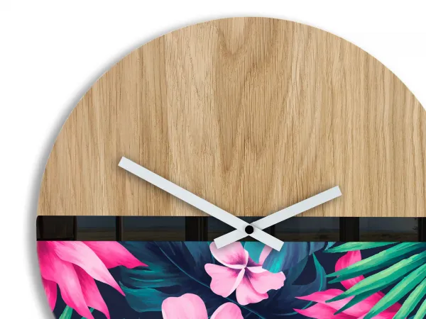 ModernClock Drevené nástenné hodiny Flower 33 cm dub prírodný/ružové