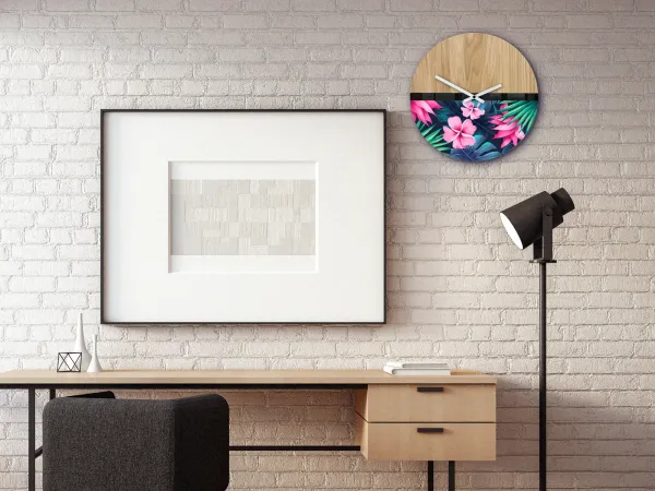 ModernClock Drevené nástenné hodiny Flower 33 cm dub prírodný/ružové