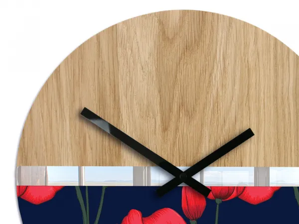ModernClock Drevené nástenné hodiny Máky 33 cm dub prírodný/červený
