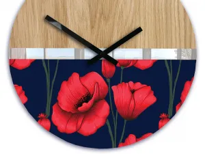 ModernClock Drevené nástenné hodiny Máky 33 cm dub prírodný/červený
