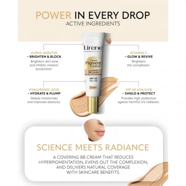 Lirene Derma Pigment Control Covering BB Cream SPF 50 rozjasňujúci BB krém proti pigmentovým škvrnám odtieň 01 Light 30 ml