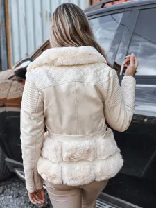Dámska krémová kožená bunda s kožušinou