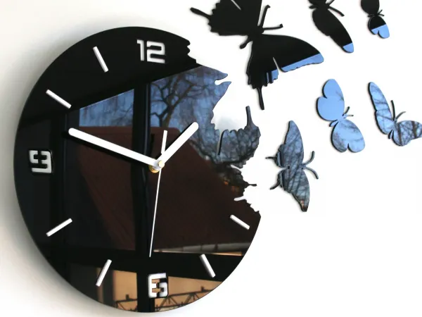ModernClock Nástenné samolepiace hodiny Motýlie 60 cm čierne