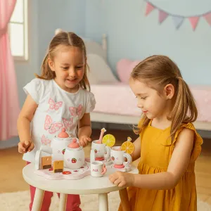 ECOTOYS Drevený čajový servis pre deti JAHODOVÝ biely/ružový
