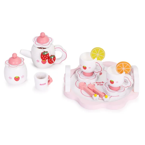 ECOTOYS Drevený čajový servis pre deti JAHODOVÝ biely/ružový