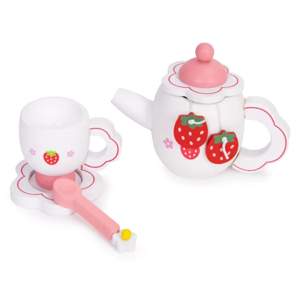ECOTOYS Drevený čajový servis pre deti JAHODOVÝ biely/ružový