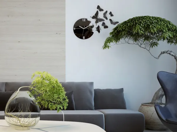 ModernClock Nástenné samolepiace hodiny Motýľ 28 cm čierne
