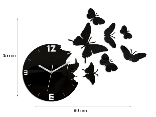 ModernClock Nástenné samolepiace hodiny Motýľ 28 cm čierne