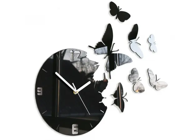 ModernClock Nástenné samolepiace hodiny Motýľ 28 cm čierne