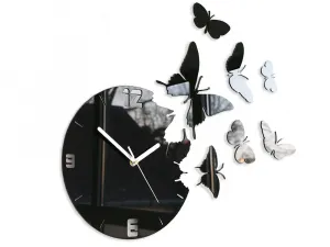 ModernClock Nástenné samolepiace hodiny Motýľ 28 cm čierne