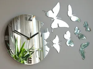ModernClock Nástenné samolepiace hodiny Motýľ 28 cm zrkadlové