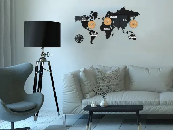 ModernClock Nástenné samolepiace hodiny Časové zóny 100x56 cm čierne/hnedé
