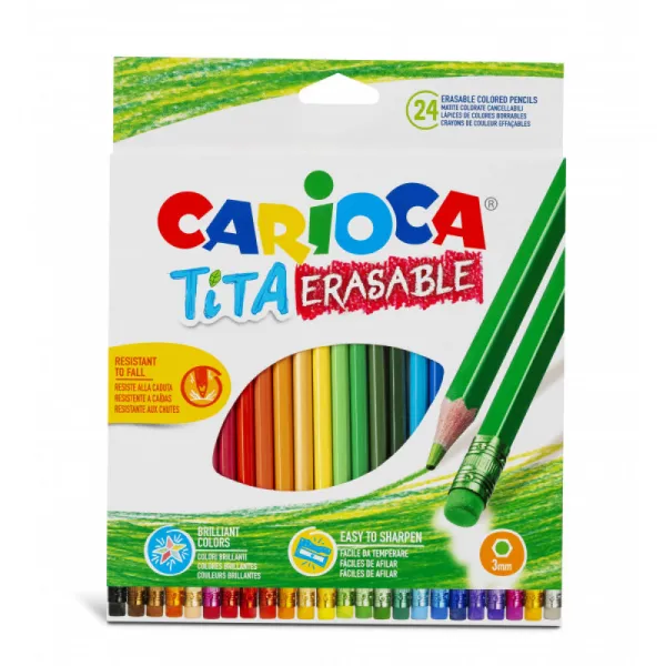 Farbičky TITA gumovacie pastelky nelámavé 24 ks-CARIOCA + Farebné strúhatko so zásobníkom s dvojitým otvorom s gumou-CARIOCA