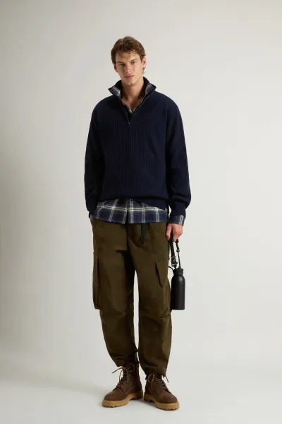 Sveter Woolrich Wool Cash Ribbed Half-Zip Melton Blue