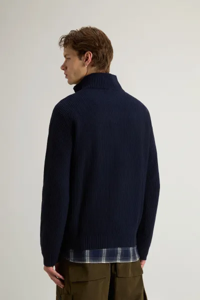 Sveter Woolrich Wool Cash Ribbed Half-Zip Melton Blue