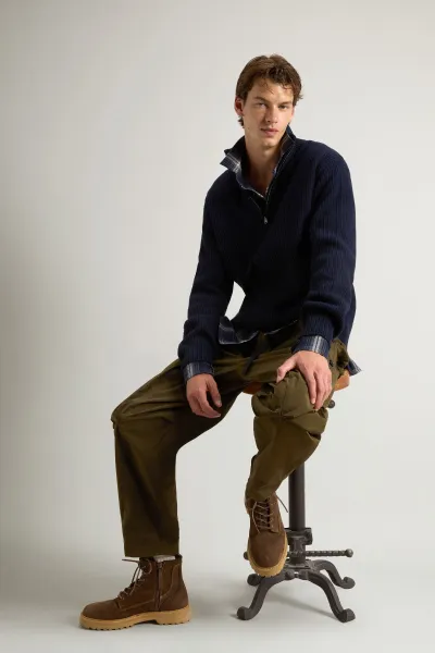 Sveter Woolrich Wool Cash Ribbed Half-Zip Melton Blue