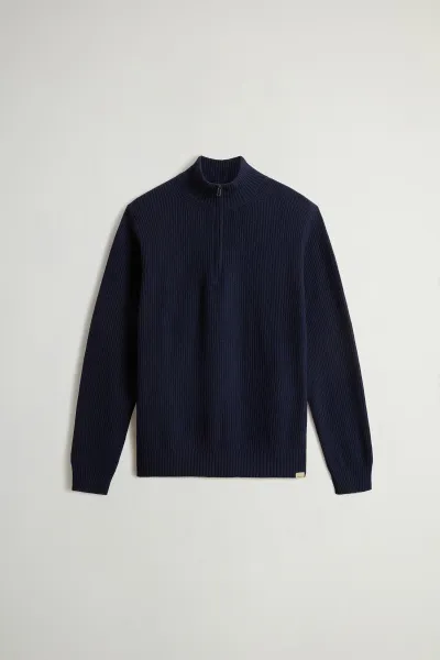 Sveter Woolrich Wool Cash Ribbed Half-Zip Melton Blue